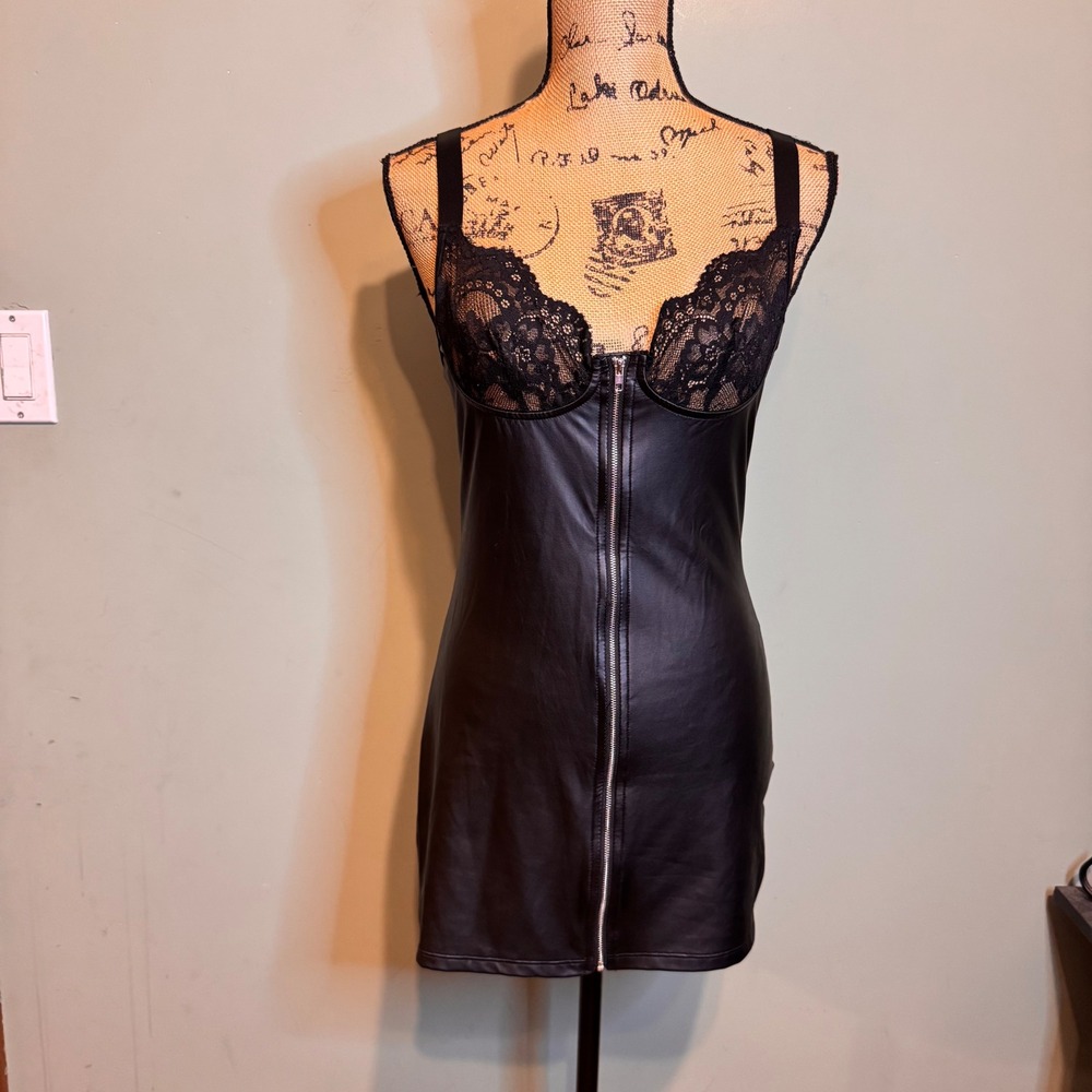 Black Faux Leather Lace Trim Zip Front Bodycon Mini Dress Medium